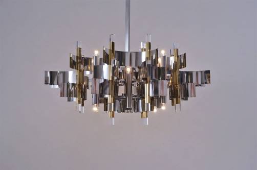 Sciolari chandelier `Futura`12 lights, brass, chrome & Lucite, 1976 Italian